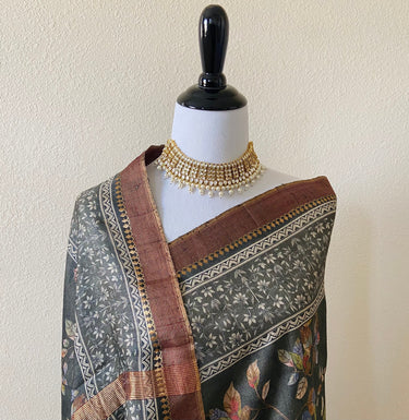 Banarasi Tussar Silk Digital Print Saree | Handwoven and digitally printed | Black | Ships from California